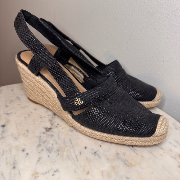 Ralph Lauren Wedges Size 9.5 M Fabric Upper black sandals shoes - Picture 3 of 8